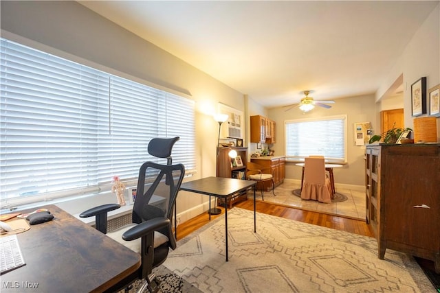 office area with ceiling fan and light hardwood / wood-style floors