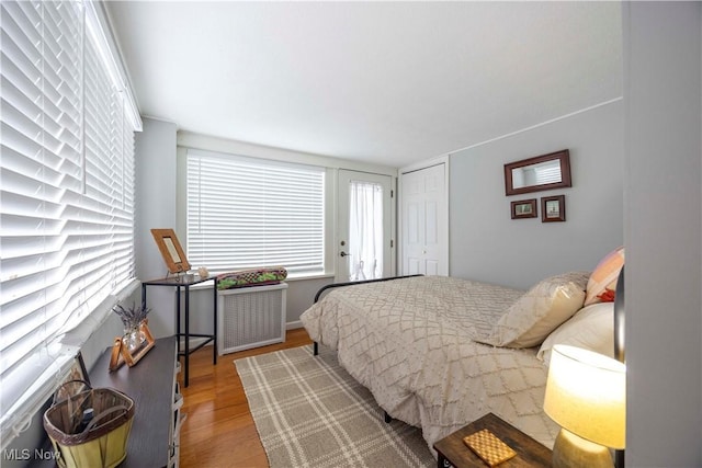 bedroom with wood-type flooring, multiple windows, and radiator