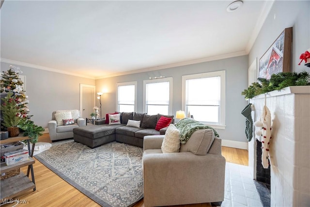 living room featuring light wood-type flooring and crown molding