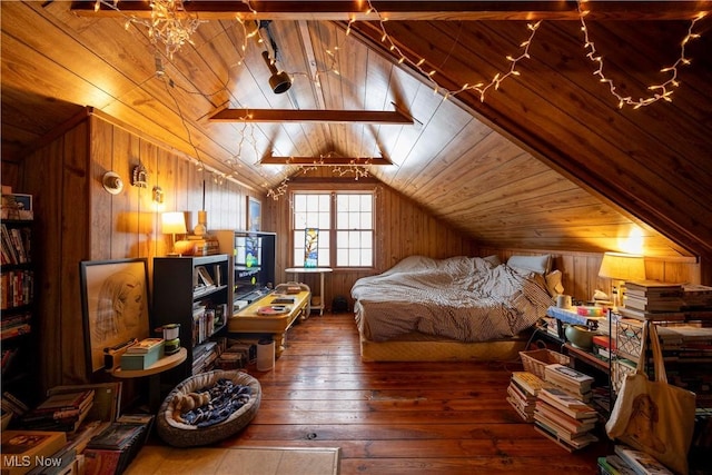 bedroom featuring wooden ceiling, wooden walls, vaulted ceiling, and dark wood-type flooring