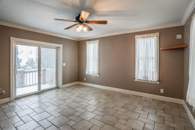 unfurnished room with ornamental molding and ceiling fan