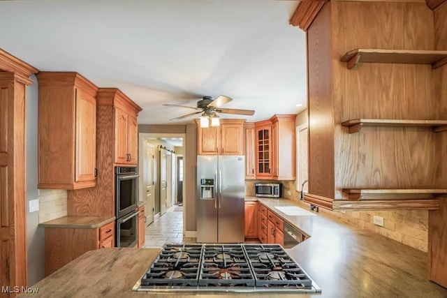 kitchen with appliances with stainless steel finishes, tasteful backsplash, sink, and ceiling fan