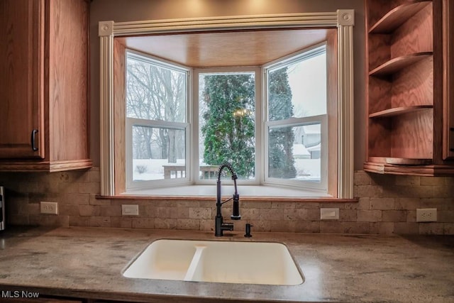 interior details with sink and decorative backsplash