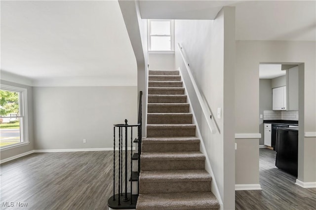 stairway with hardwood / wood-style flooring