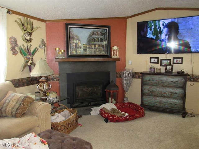 carpeted living room with a textured ceiling, ornamental molding, and lofted ceiling