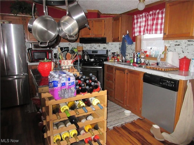 kitchen with sink, tasteful backsplash, dark hardwood / wood-style floors, range hood, and appliances with stainless steel finishes