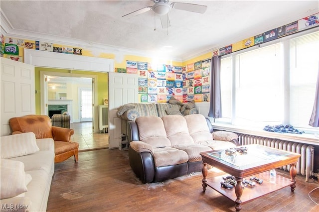 interior space with radiator, ceiling fan, and dark hardwood / wood-style floors