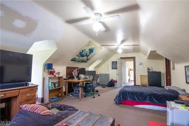 carpeted bedroom featuring ceiling fan, radiator heating unit, and lofted ceiling