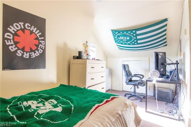 bedroom with carpet flooring, vaulted ceiling, and radiator heating unit