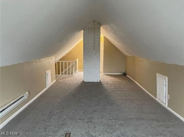 bonus room with lofted ceiling, carpet floors, and baseboard heating