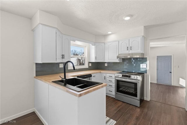 kitchen featuring white cabinets, kitchen peninsula, dark wood-type flooring, stainless steel range with electric stovetop, and sink