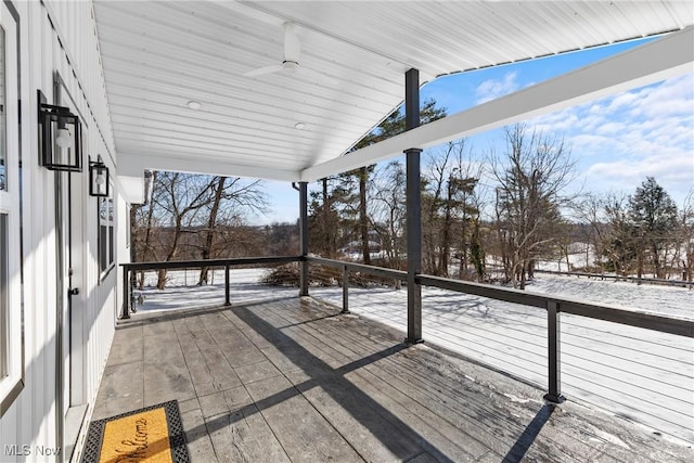 snow covered deck with ceiling fan