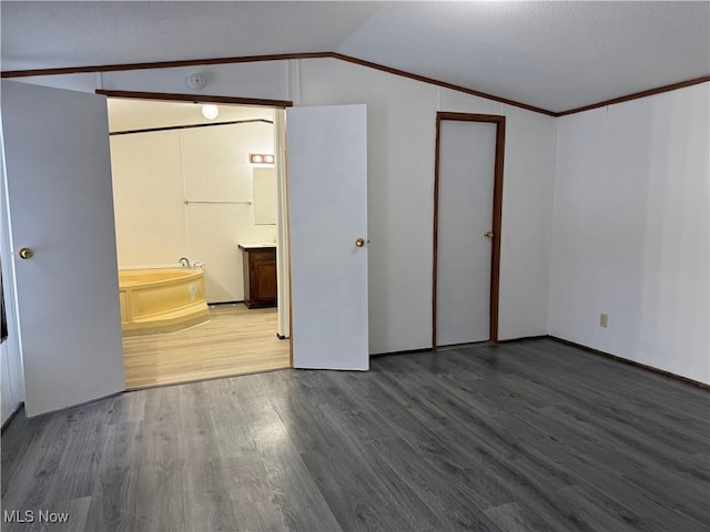 unfurnished bedroom featuring wood-type flooring, a closet, and vaulted ceiling