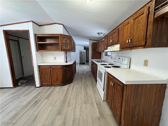 kitchen with sink, a textured ceiling, lofted ceiling, light hardwood / wood-style flooring, and white range with electric stovetop