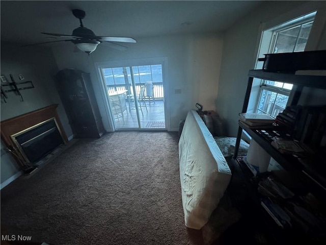 kitchen featuring ceiling fan and carpet floors