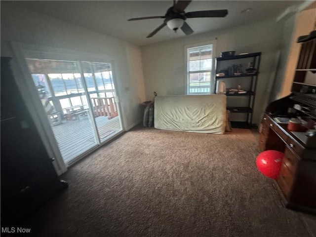 bedroom with access to exterior, ceiling fan, and carpet