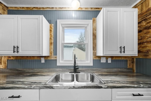 kitchen featuring white cabinets, sink, and wood walls