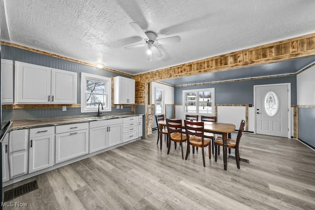 kitchen with ceiling fan, sink, white cabinetry, light hardwood / wood-style flooring, and a textured ceiling