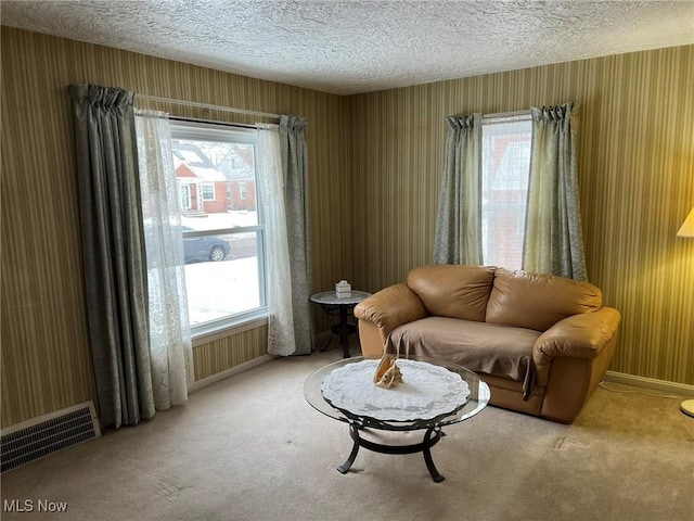 sitting room featuring carpet flooring and a textured ceiling