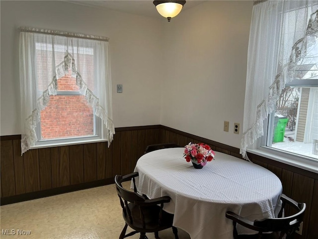 dining room featuring a healthy amount of sunlight and wooden walls