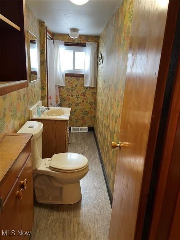 bathroom with toilet, hardwood / wood-style flooring, and vanity