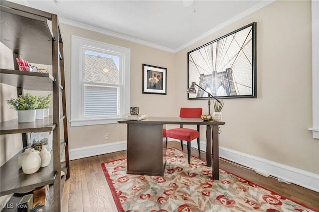 home office featuring ornamental molding and dark wood-type flooring