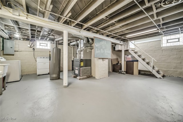 basement with water heater, electric panel, washer and clothes dryer, and heating unit