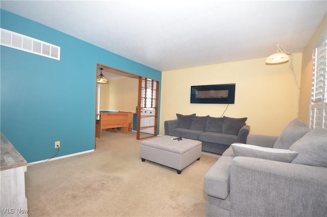 living room with billiards and carpet floors