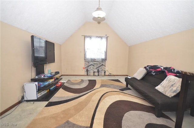 interior space featuring lofted ceiling and light carpet