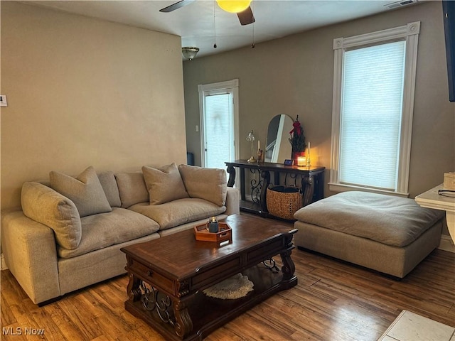 living room with a wealth of natural light, hardwood / wood-style floors, and ceiling fan