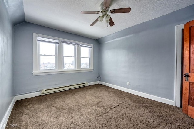 unfurnished room with a textured ceiling, vaulted ceiling, baseboard heating, carpet flooring, and ceiling fan