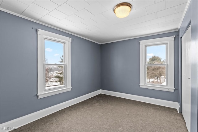 carpeted spare room featuring ornamental molding and plenty of natural light