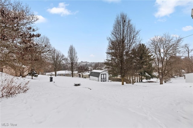 yard covered in snow with a storage shed