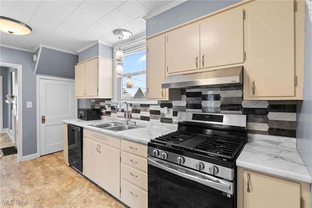 kitchen featuring backsplash, gas range, dishwasher, and cream cabinets