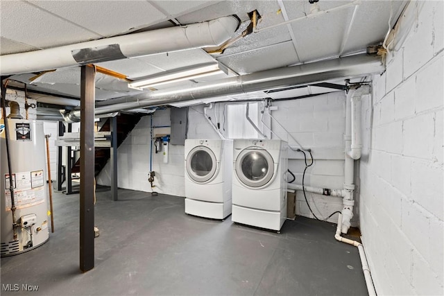 basement with electric panel, washer and clothes dryer, and water heater