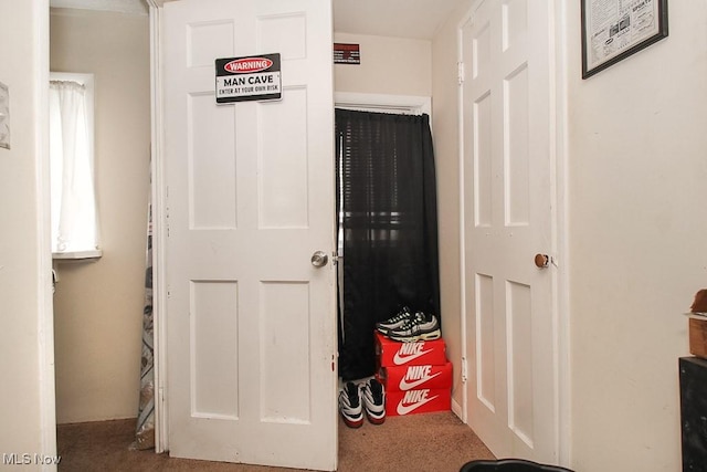 hallway with carpet flooring