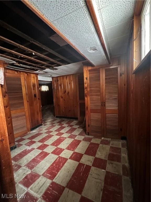 basement with wood walls