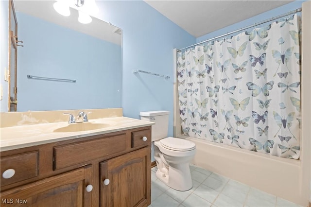 full bathroom with toilet, shower / bath combination with curtain, and vanity