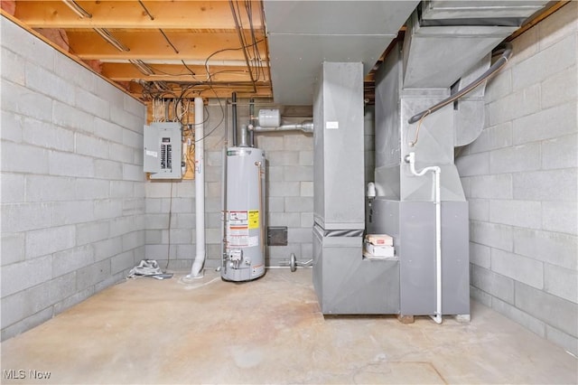 utilities with heating unit, water heater, and electric panel