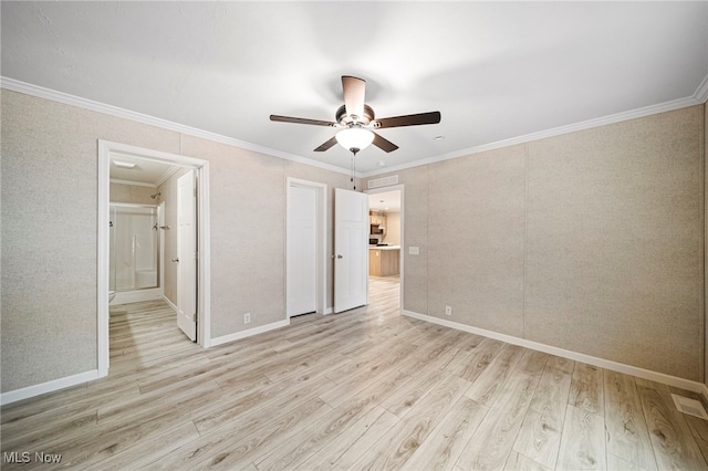 unfurnished bedroom with crown molding, ensuite bath, ceiling fan, and light wood-type flooring