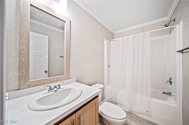 full bathroom with shower / bathtub combination with curtain, vanity, ornamental molding, and toilet