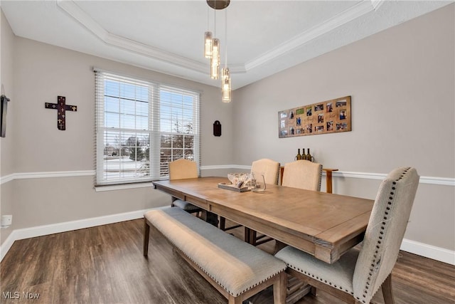 dining room featuring ornamental molding, a tray ceiling, and dark hardwood / wood-style floors