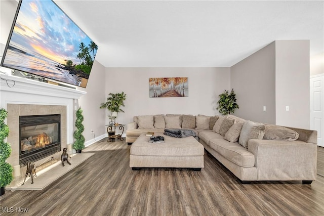 living room with a fireplace and dark wood-type flooring