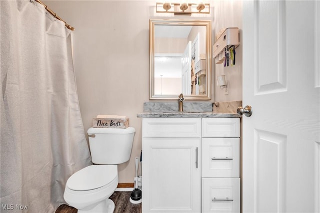 bathroom featuring hardwood / wood-style flooring, vanity, and toilet