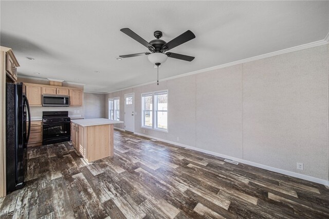 3583 Austin Rd Unit 134, Geneva, OH 44041 - kitchen featuring crown molding, light brown cabinetry, black appliances, and dark wood-style flooring