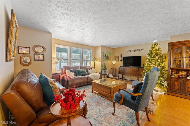 living room featuring light wood-style flooring and a textured ceiling