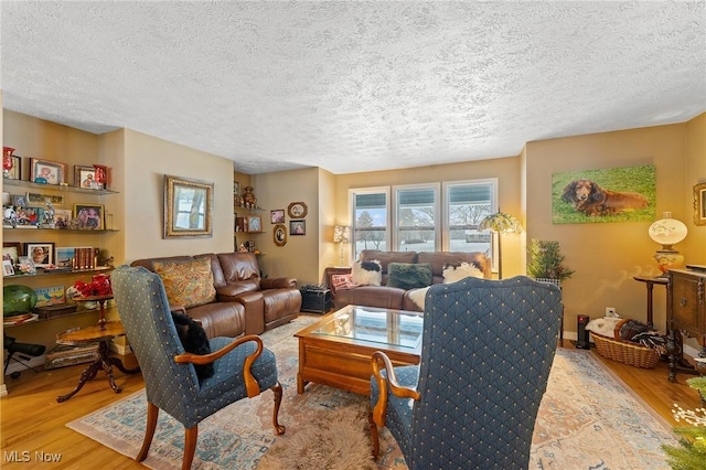 living room featuring a textured ceiling and wood finished floors