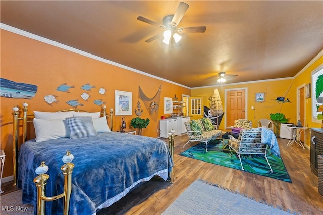 bedroom with ceiling fan, crown molding, and wood finished floors