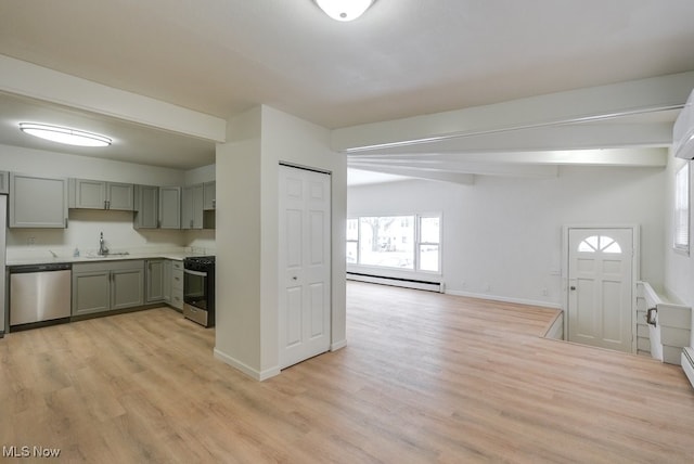 kitchen featuring sink, stainless steel appliances, light hardwood / wood-style flooring, and beamed ceiling