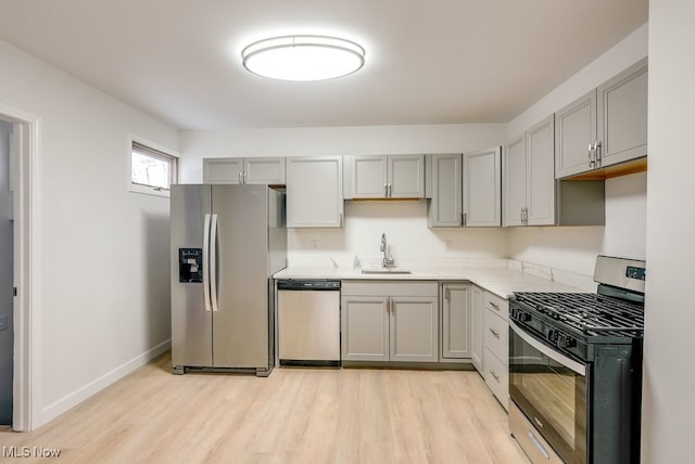 kitchen featuring sink, gray cabinets, light wood-type flooring, and appliances with stainless steel finishes